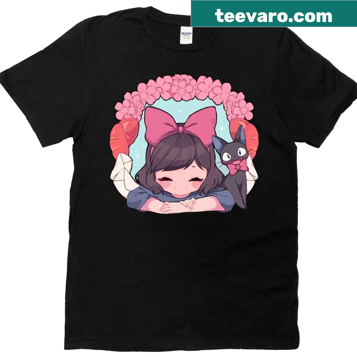 Adorable T-shirt featuring Kiki and her cat in a cartoon design — on a men's t-shirt