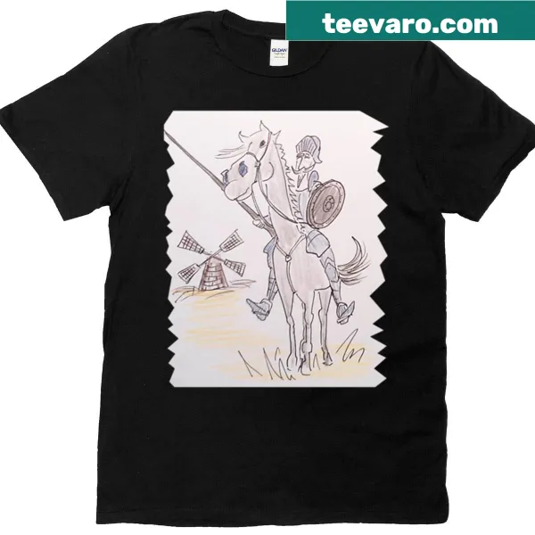 Illustration of Don Quixote charging at windmills on a T-shirt