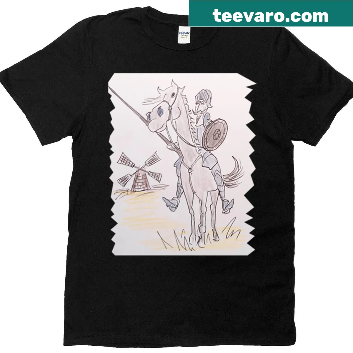 Illustration of Don Quixote charging at windmills on a T-shirt — on a men's t-shirt