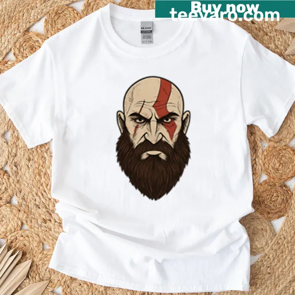 T-shirt featuring Kratos from God of War in a bold graphic design.
