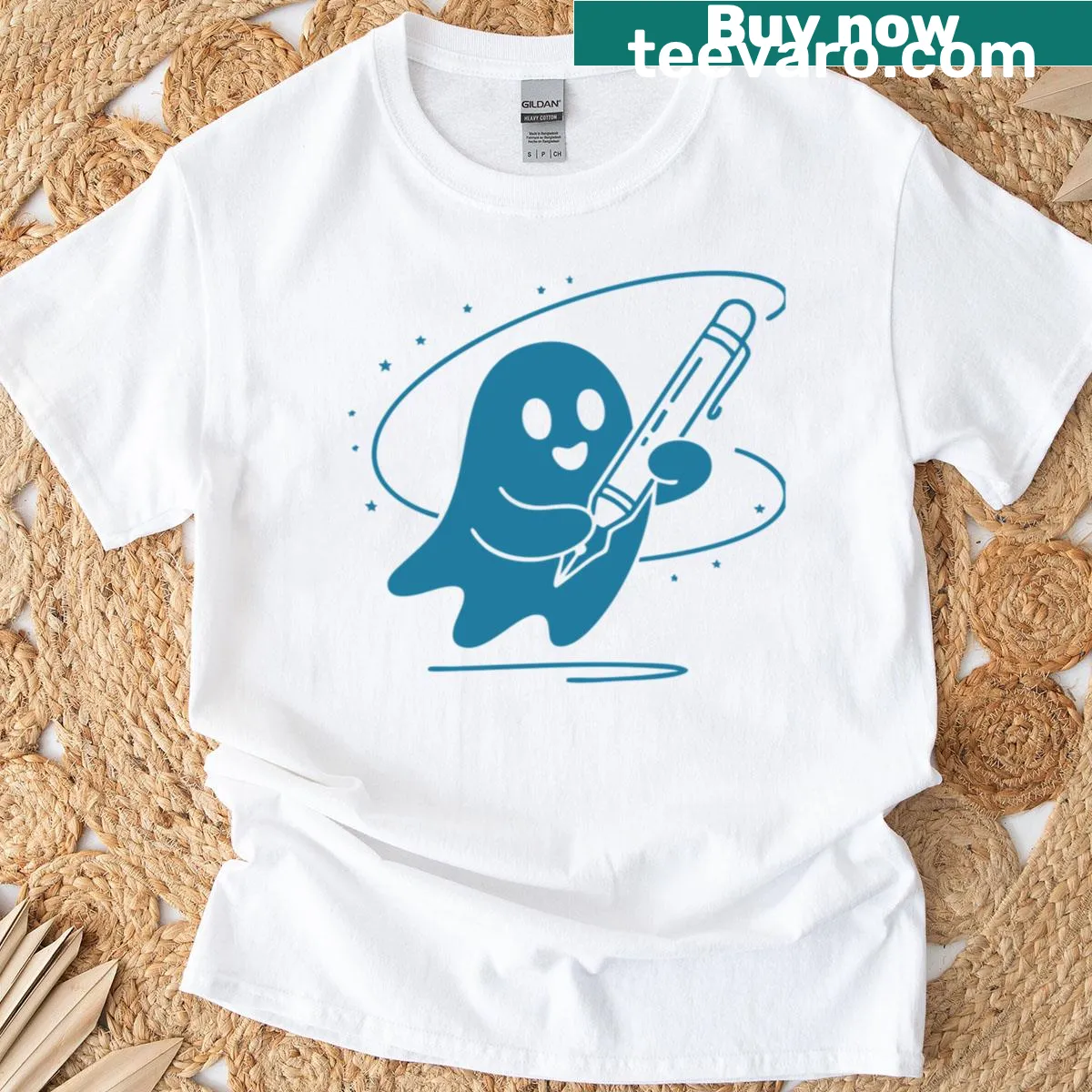 Cute cartoon ghost with a paintbrush on a t-shirt — on a men's t-shirt