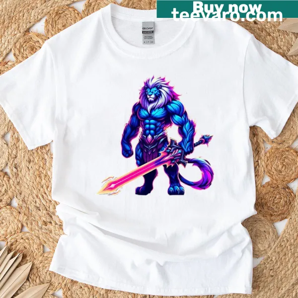 Epic fantasy T-shirt featuring a lionheart warrior with glowing sword