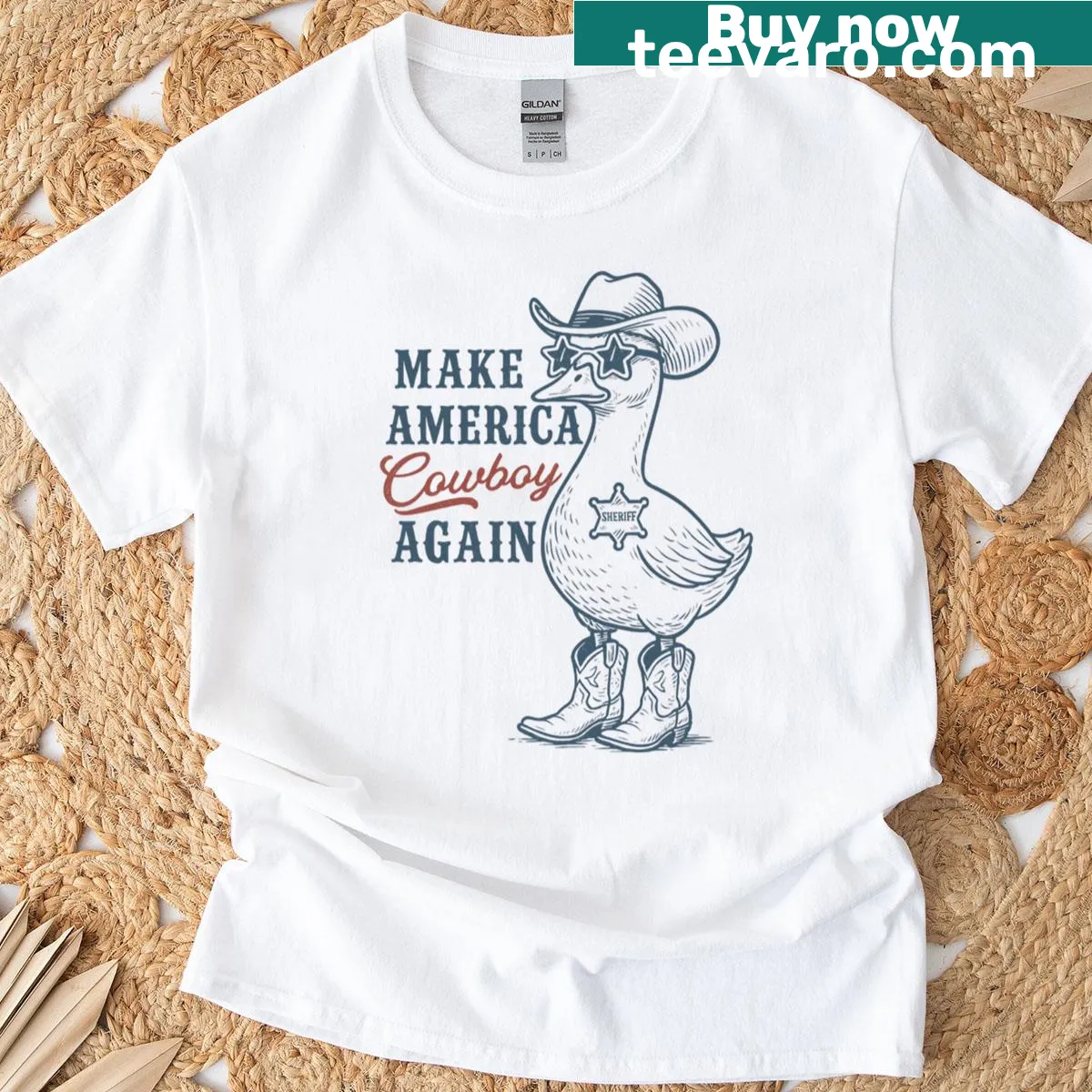 Funny T-shirt with a cartoon goose and the phrase 'Make America Cowboy Again'. — on a men's t-shirt