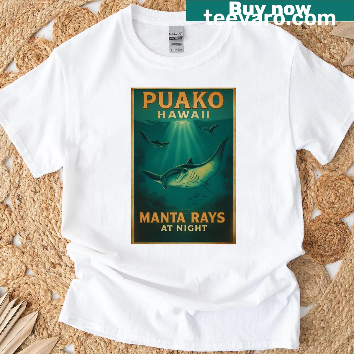 Illustration of manta rays swimming at night on a T-shirt — on a men's t-shirt
