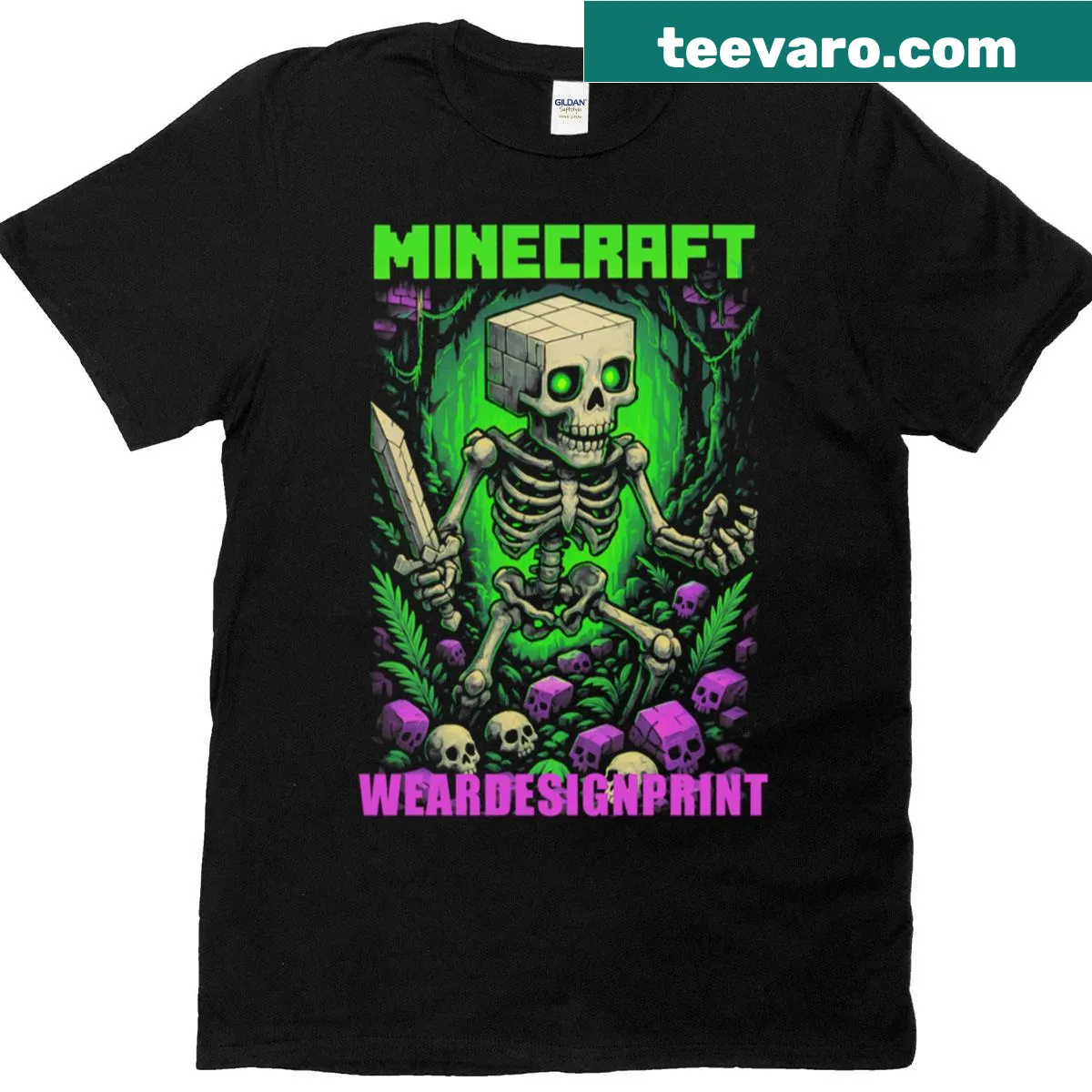 Minecraft skeleton cartoon graphic t-shirt — on a men's t-shirt