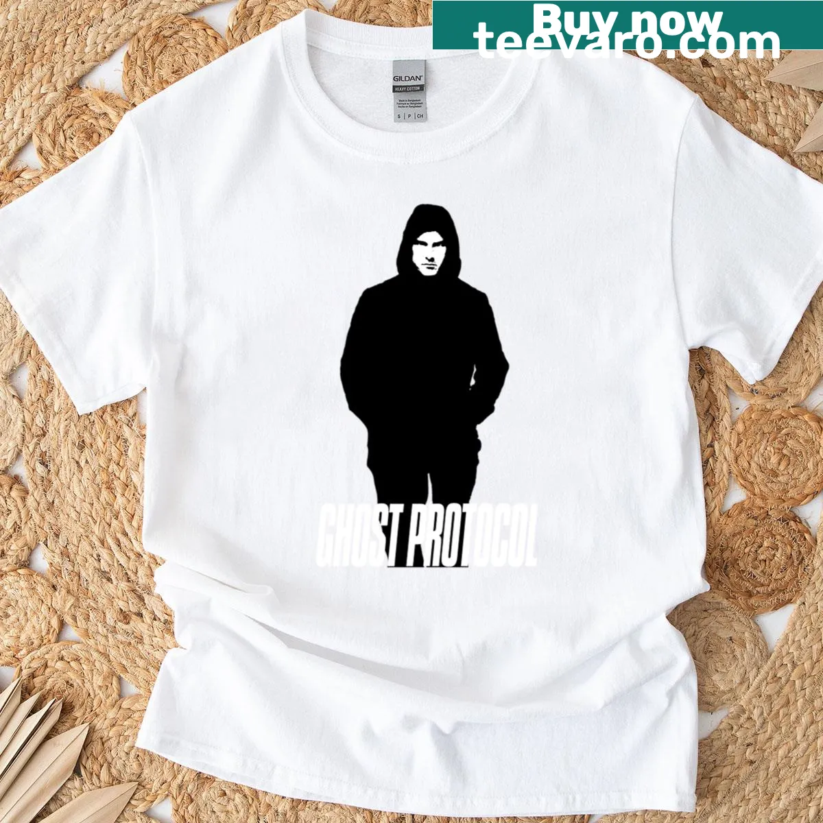 Bold typography Mission Impossible VII Ghost Protocol T-shirt — on a men's t-shirt