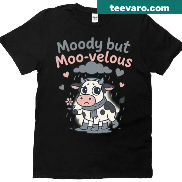 Illustrated moody cow design on a T-shirt