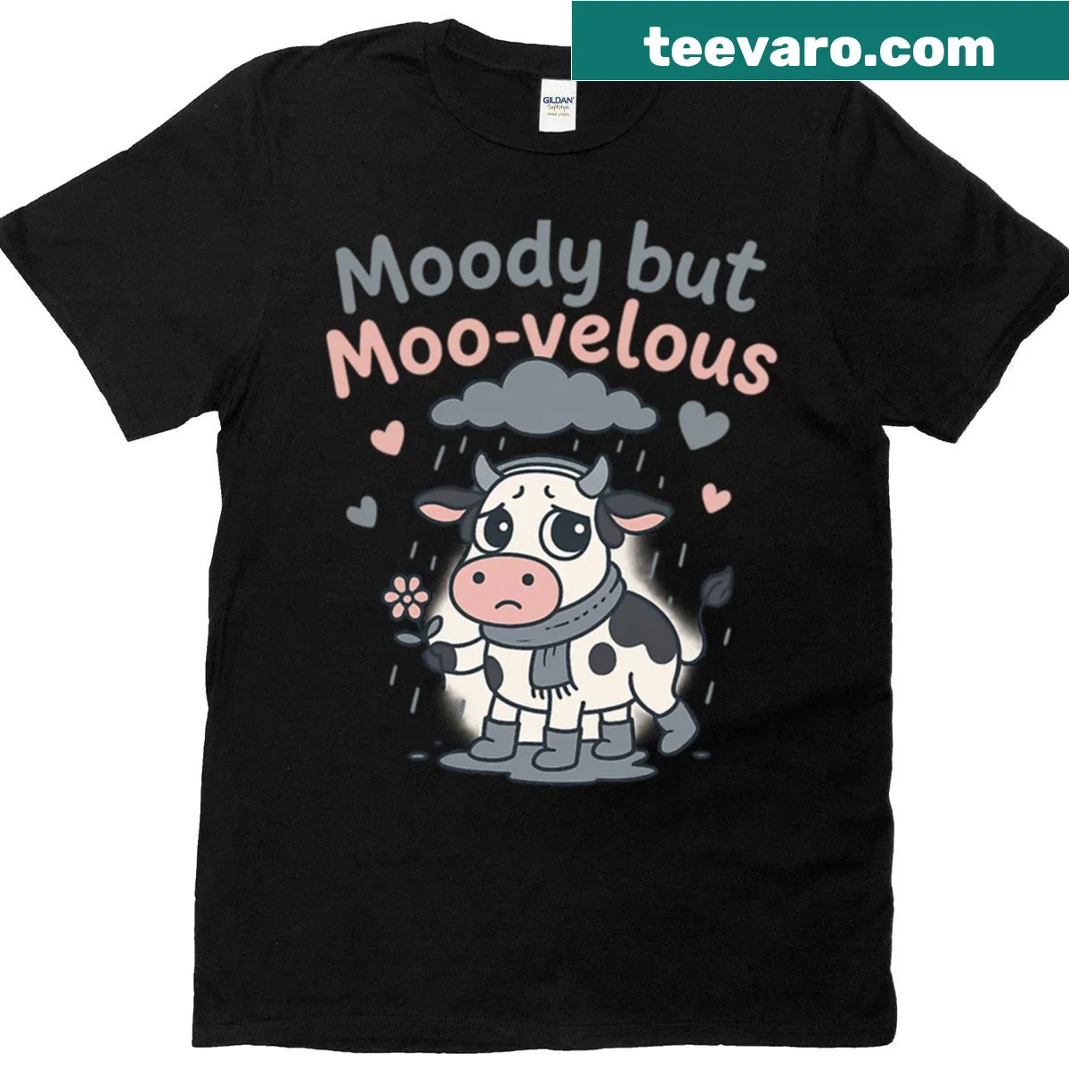 Illustrated moody cow design on a T-shirt — on a men's t-shirt