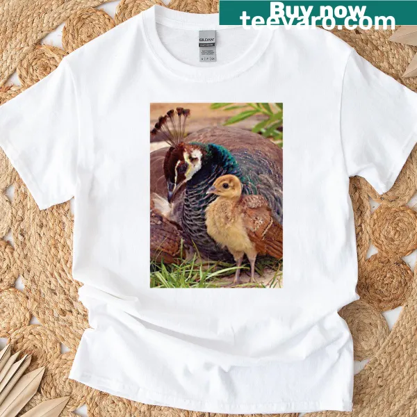 T-shirt featuring a mother peacock with her son illustration