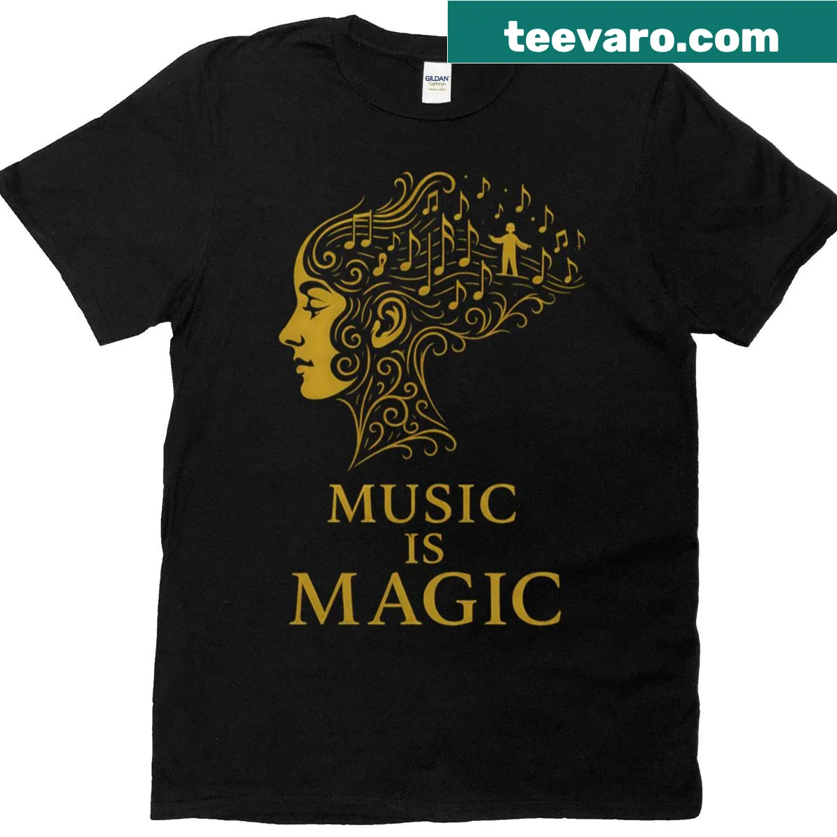 Music Is Magic text design on a t-shirt — on a men's t-shirt