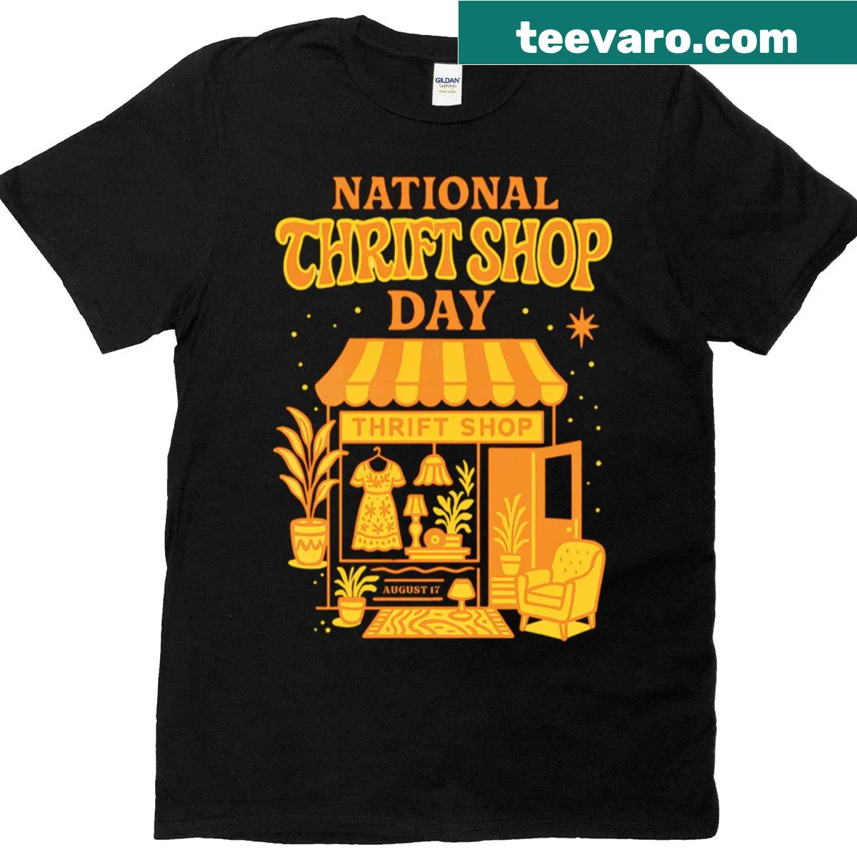 Vintage-style National Thrift Shop Day t-shirt with retro graphics. — on a men's t-shirt