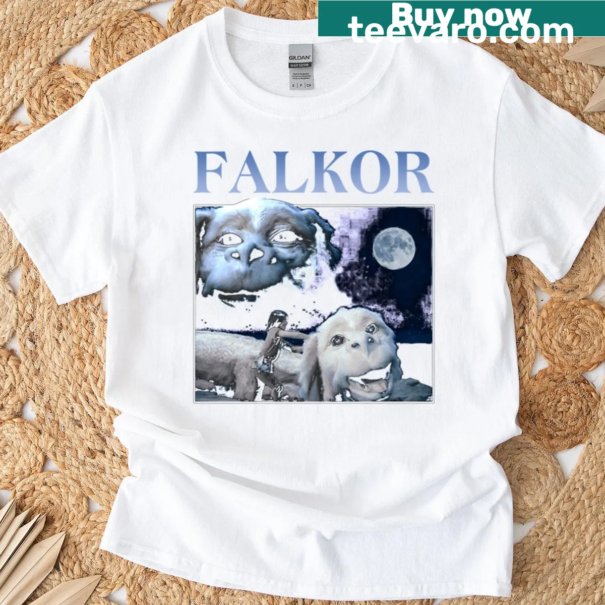 Whimsical T-shirt featuring a luck dragon inspired by classic fantasy films. — on a men's t-shirt