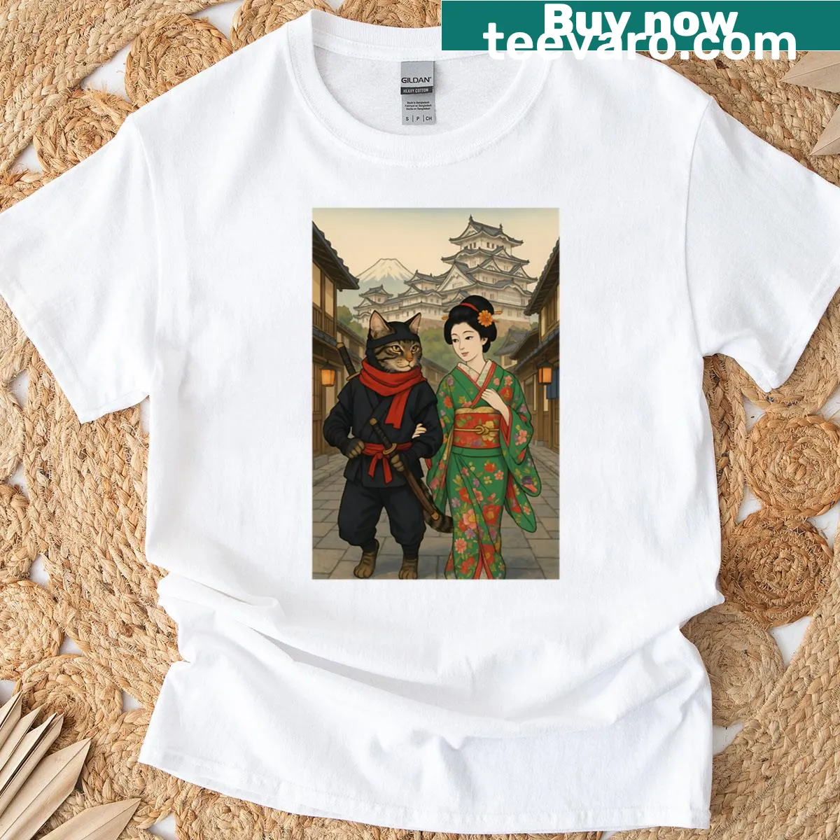 Cute ninja cat illustration beneath a castle t-shirt — on a men's t-shirt