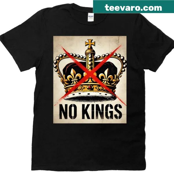 T-shirt featuring the phrase 'No Kings No Oligarchs' in bold typography