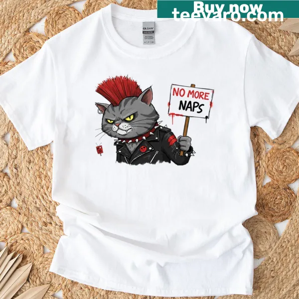 Funny t-shirt featuring a rebellious cat graphic.