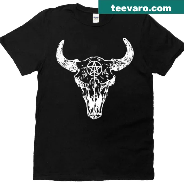 Gothic t-shirt featuring a ram skull and pentagram design