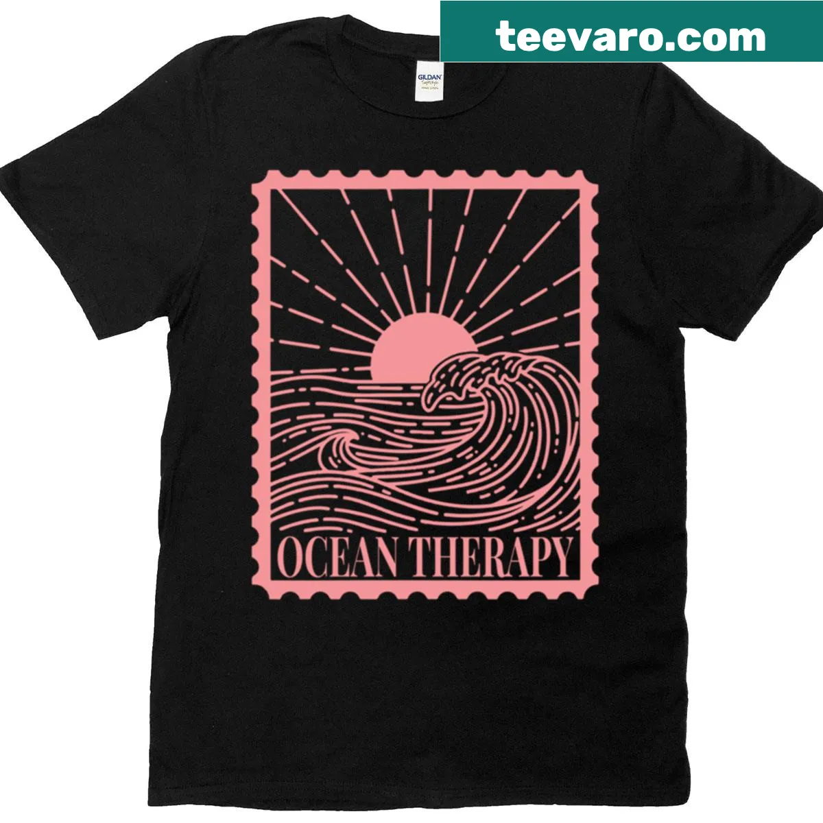 Retro-style t-shirt featuring a sun and ocean waves graphic — on a men's t-shirt