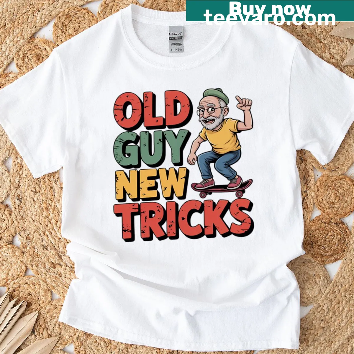 Sarcastic Old Guy New Tricks T-shirt with bold typography — on a men's t-shirt