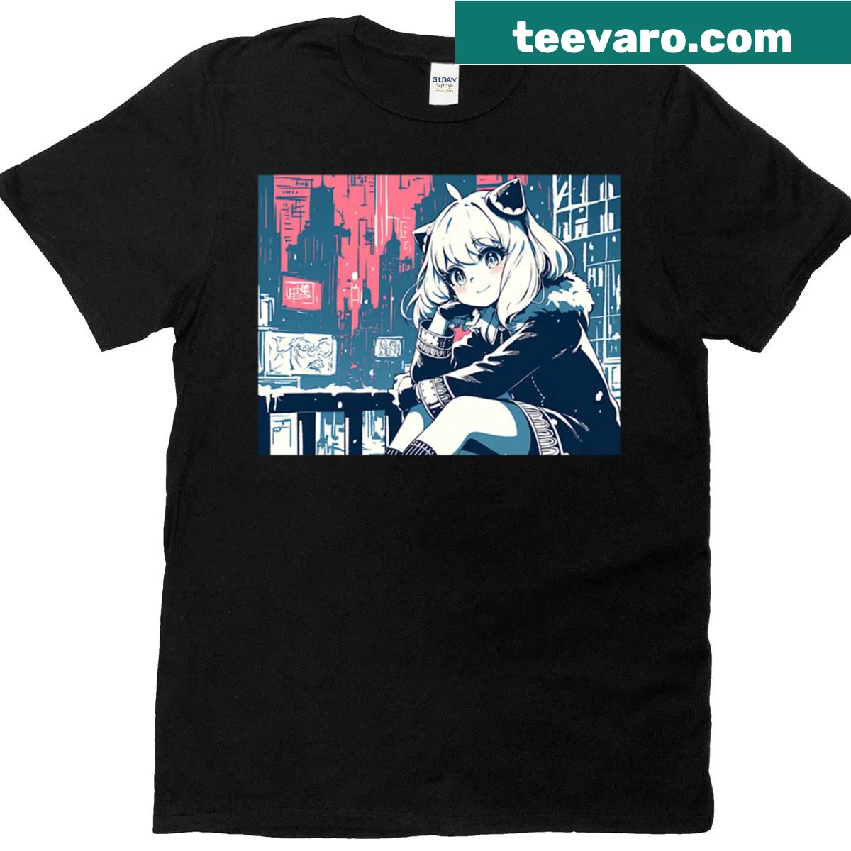 Anime girl illustration on a city night-themed t-shirt — on a men's t-shirt