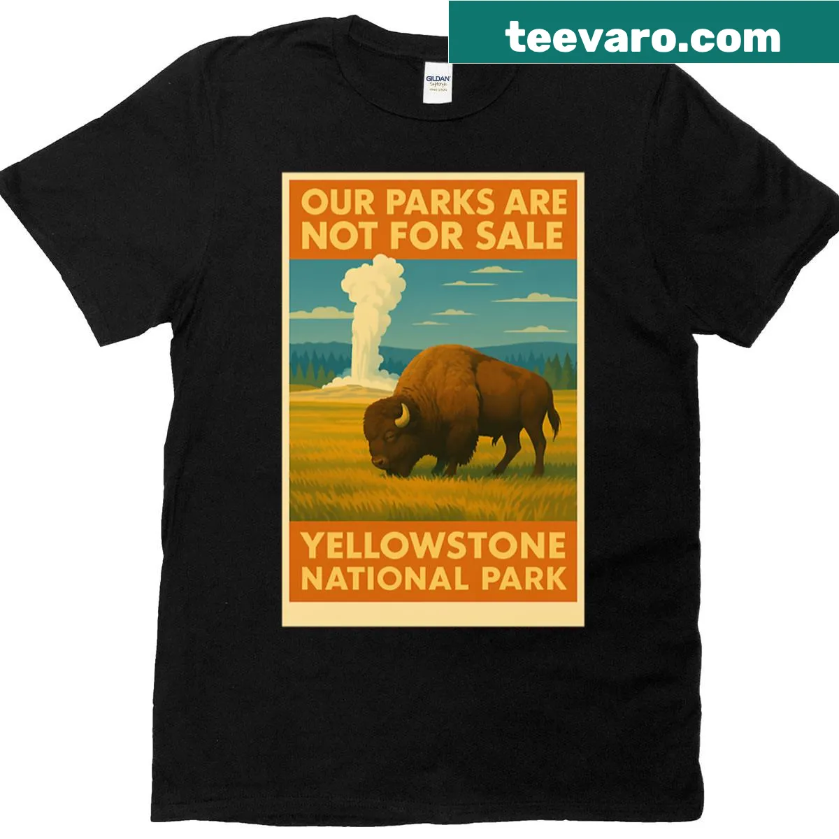 Illustrated Yellowstone T-shirt with bold text about parks — on a men's t-shirt
