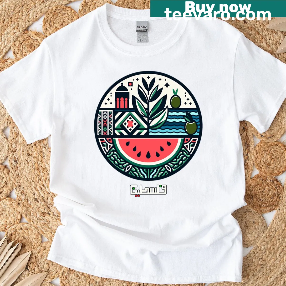 T-shirt featuring Palestine flag motifs with watermelon and olive tree illustrations — on a men's t-shirt