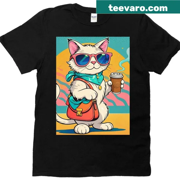 Cartoon cat with coffee handbag and sunglasses T-shirt