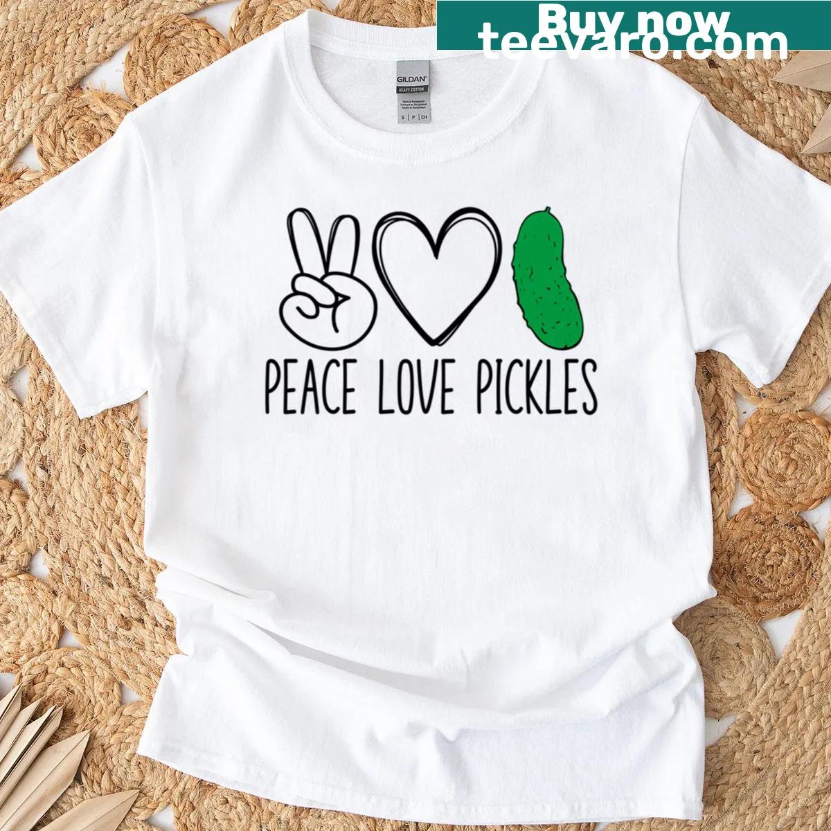Funny food t-shirt with the phrase 'Peace Love Pickles' — on a men's t-shirt