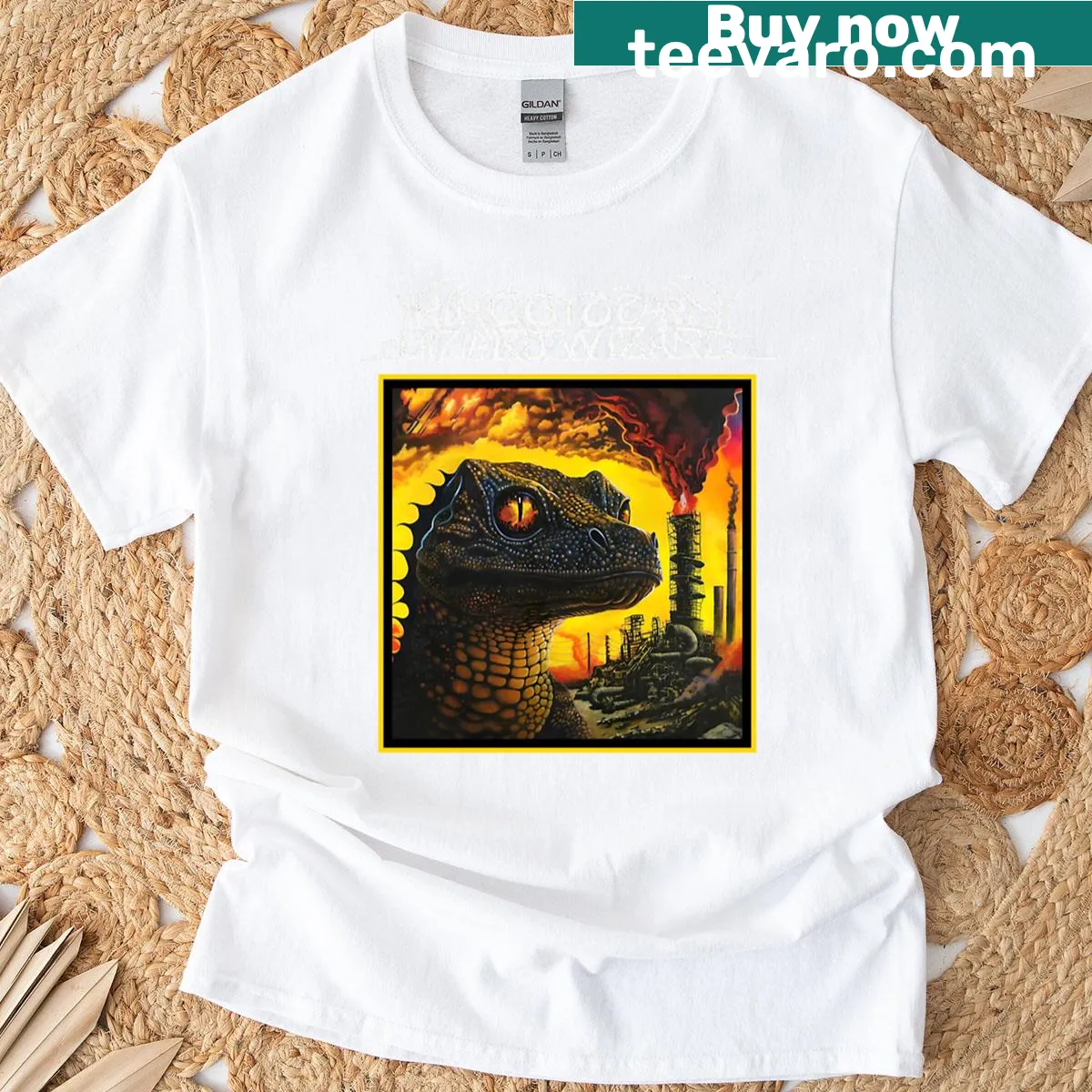 T-shirt featuring petrodragonic apocalypse themed graphic — on a men's t-shirt