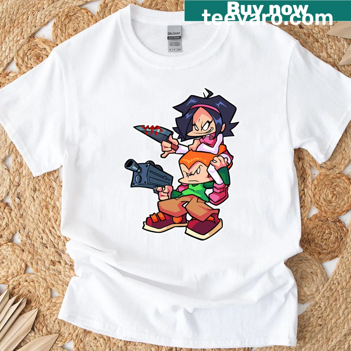 Cartoon T-shirt featuring fun illustrations of Pico and Nene — on a men's t-shirt