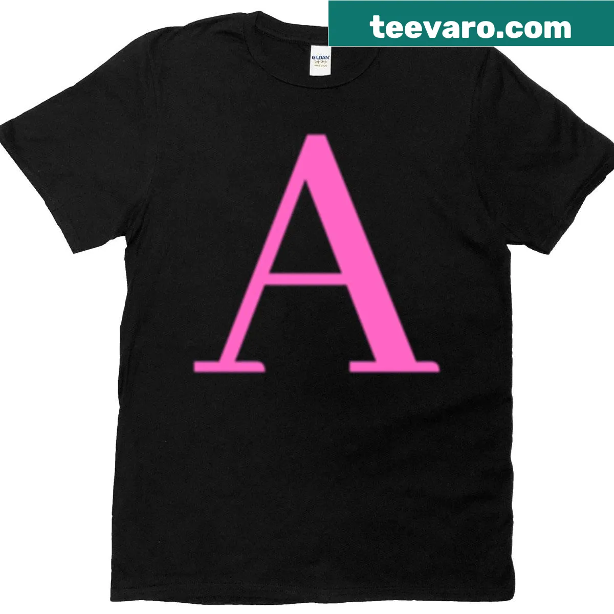 Hand-lettered Pink A initial graphic T-shirt — on a men's t-shirt