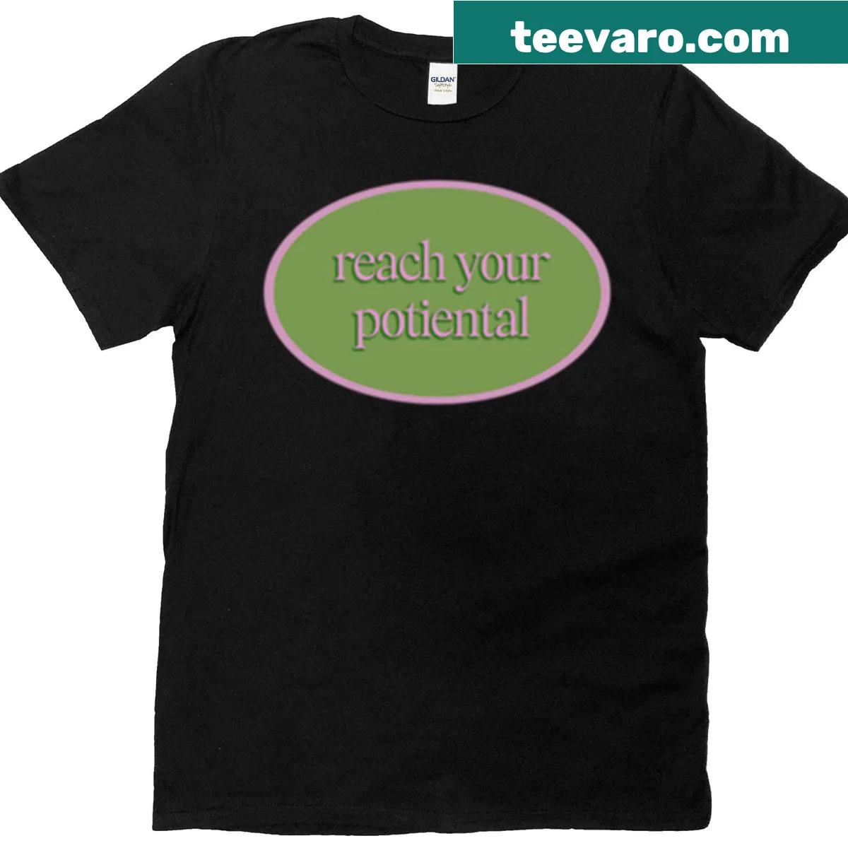 Pink and green oval design featuring the text Reach Your Potential — on a men's t-shirt