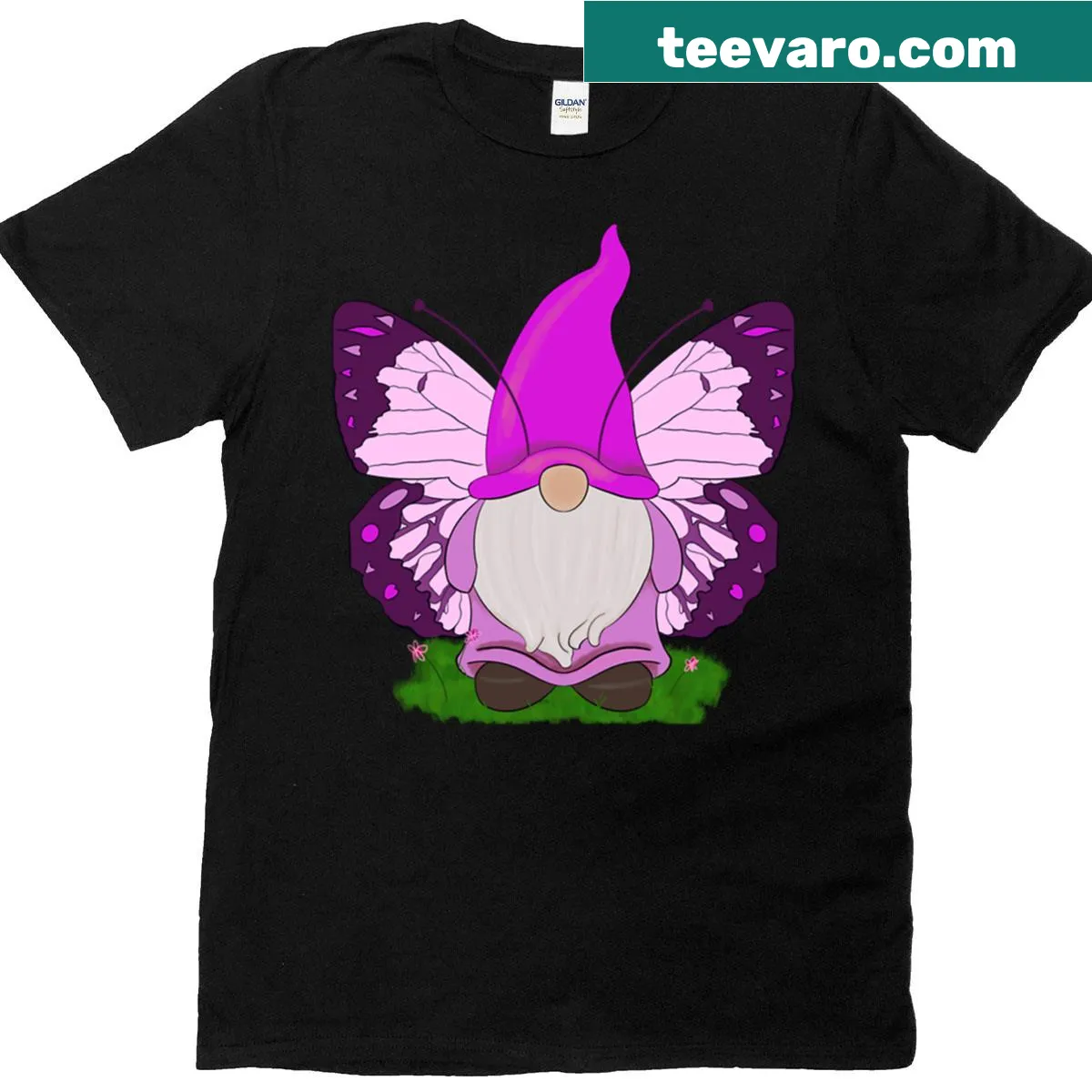 Vintage style garden gnome t-shirt with butterflies illustration — on a men's t-shirt