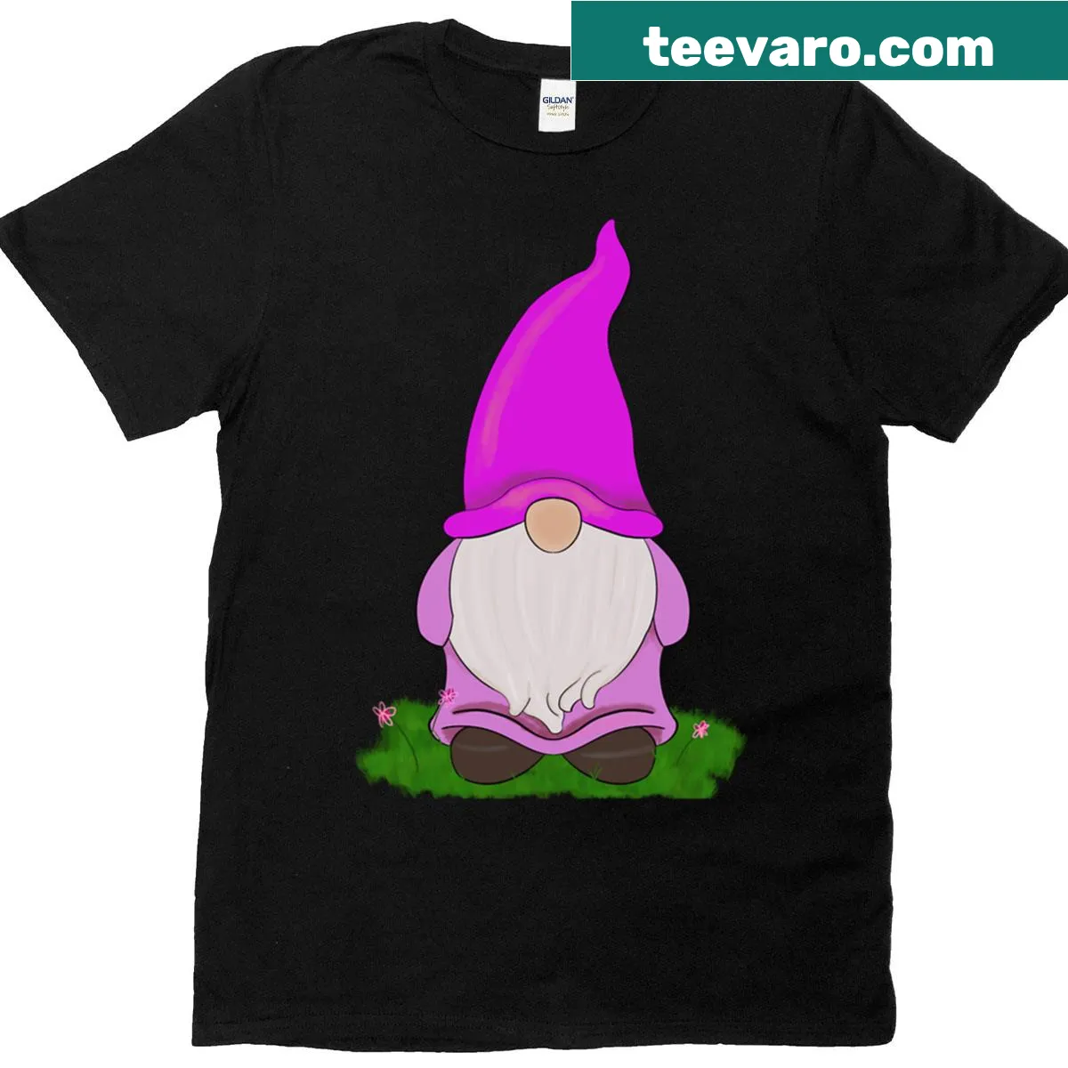 Whimsical pink garden gnome illustration on a t-shirt — on a men's t-shirt