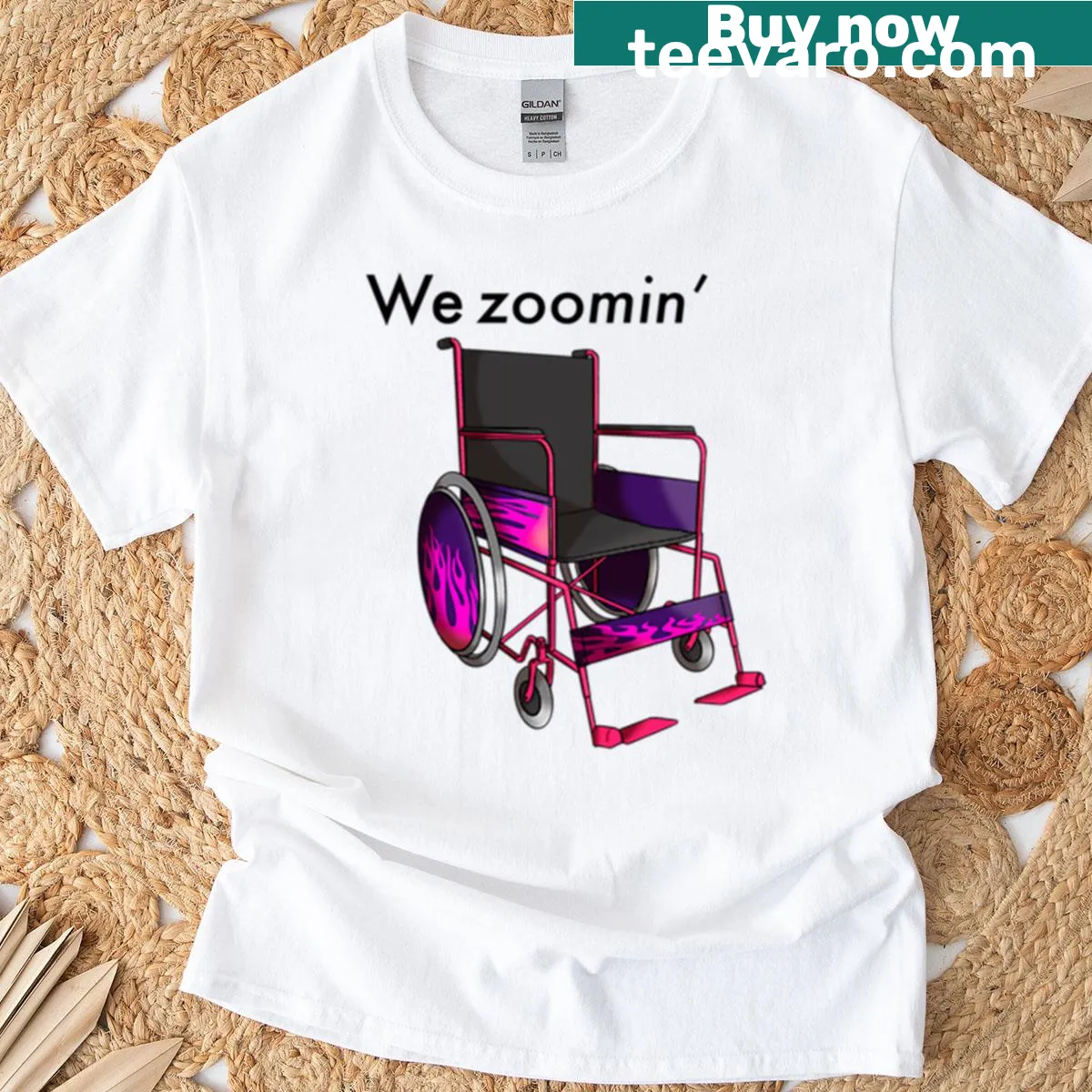 Illustration of a wheelchair zooming forward on a T-shirt — on a men's t-shirt