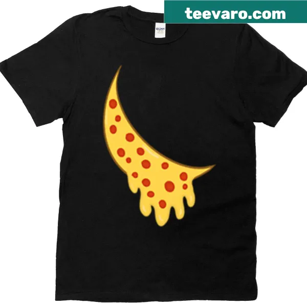Whimsical pizza slice illustrated against a moon on a t-shirt