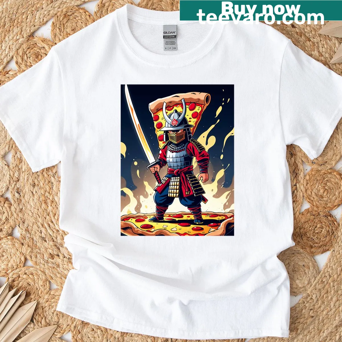 Whimsical pizza samurai graphic t-shirt, fun design — on a men's t-shirt