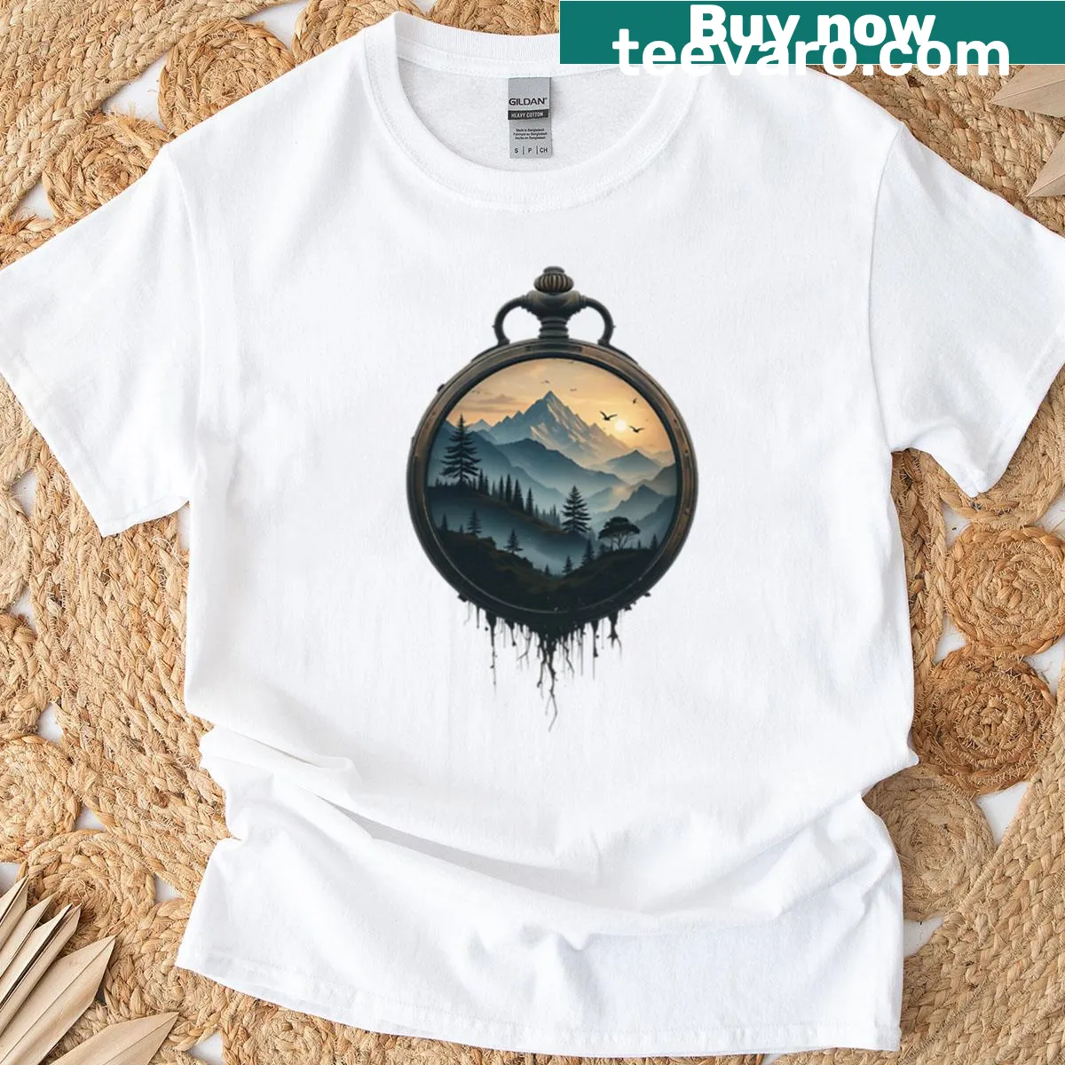 Artful pocket watch landscape graphic on a t-shirt — on a men's t-shirt