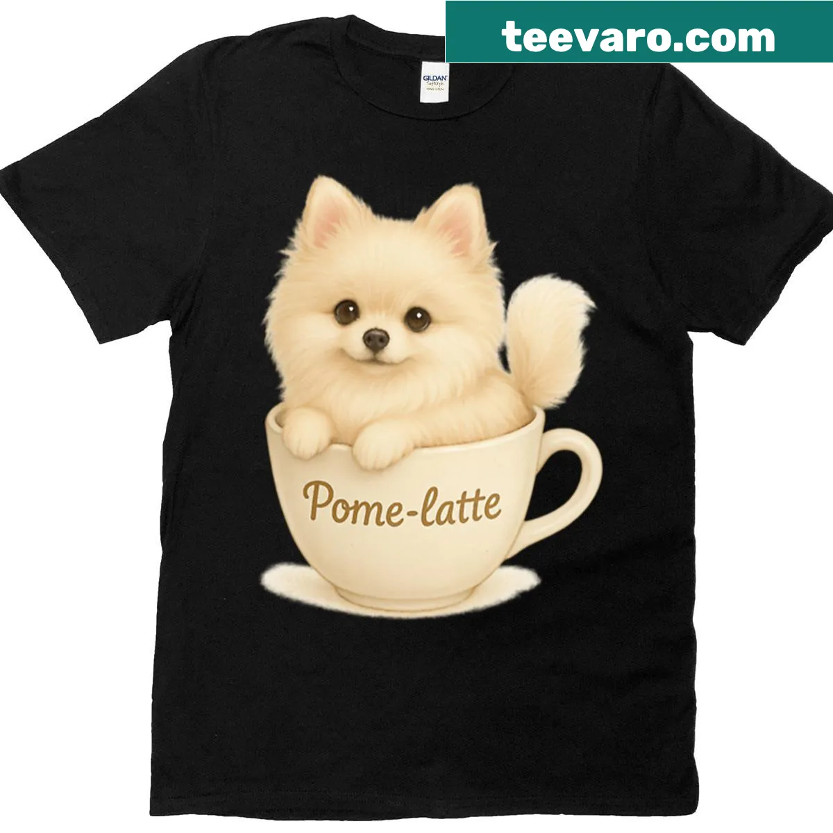 Illustration of a Pomeranian in a coffee cup on a t-shirt — on a men's t-shirt