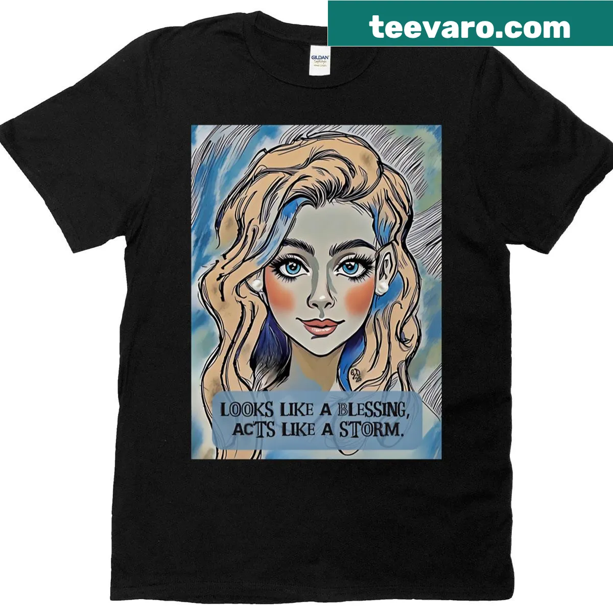 Pop art blonde character with storm energy on a t-shirt — on a men's t-shirt