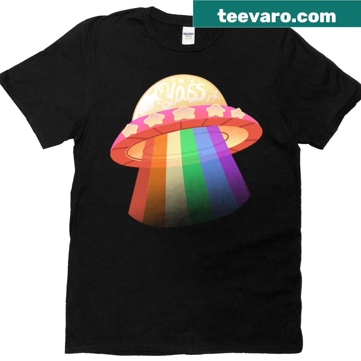 Edgy design combining pride and UFO motifs on a t-shirt — on a men's t-shirt