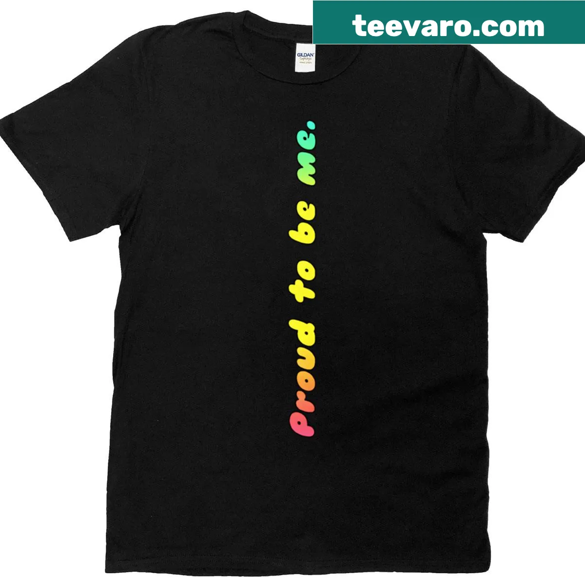 Light pink t-shirt featuring a rainbow design and proud typography — on a men's t-shirt