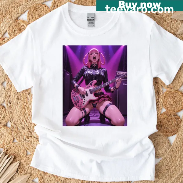 Illustration of a punk girl with a guitar on a t-shirt