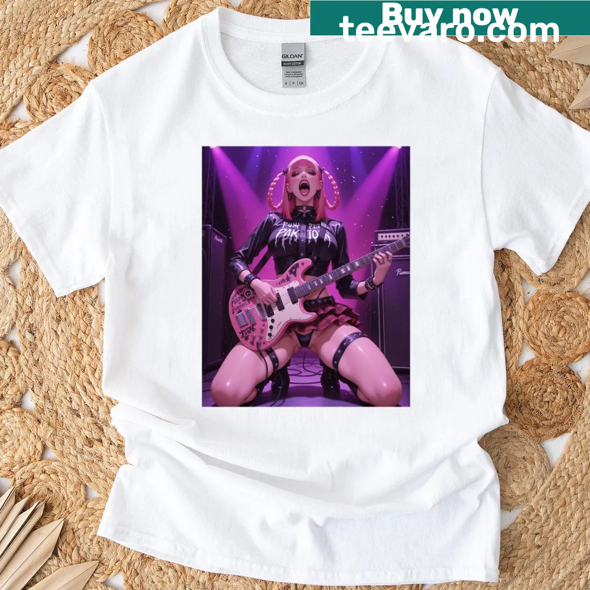 Illustration of a punk girl with a guitar on a t-shirt — on a men's t-shirt