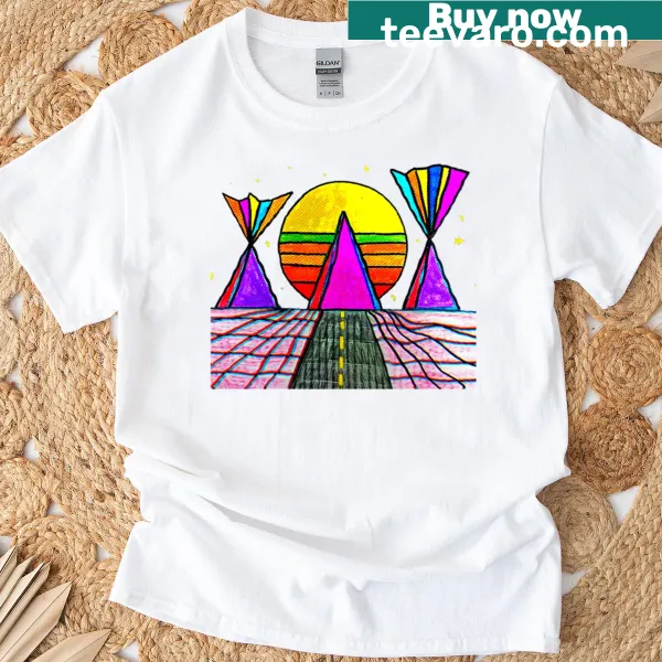 Silhouette of pyramids against a night sky on a t-shirt