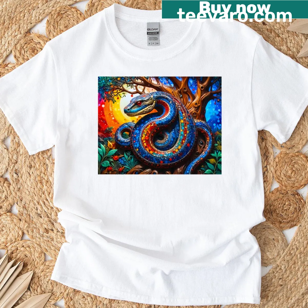 Whimsical rainbow snake graphic on a T-shirt — on a men's t-shirt