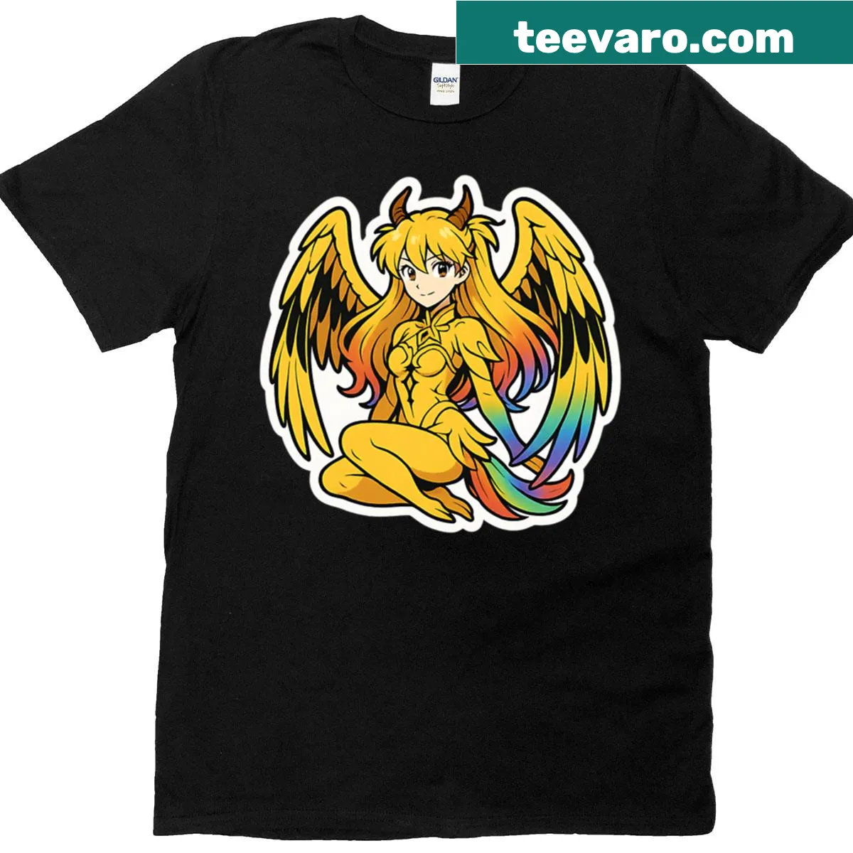 Illustration of a warrior woman with a rainbow background — on a men's t-shirt