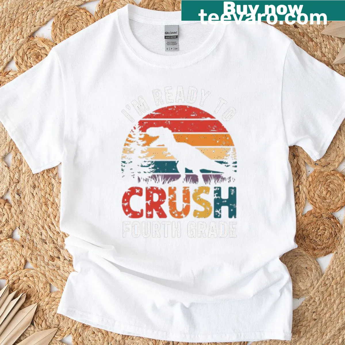 Cartoon dinosaur t-shirt for fourth graders with funny slogan. — on a men's t-shirt