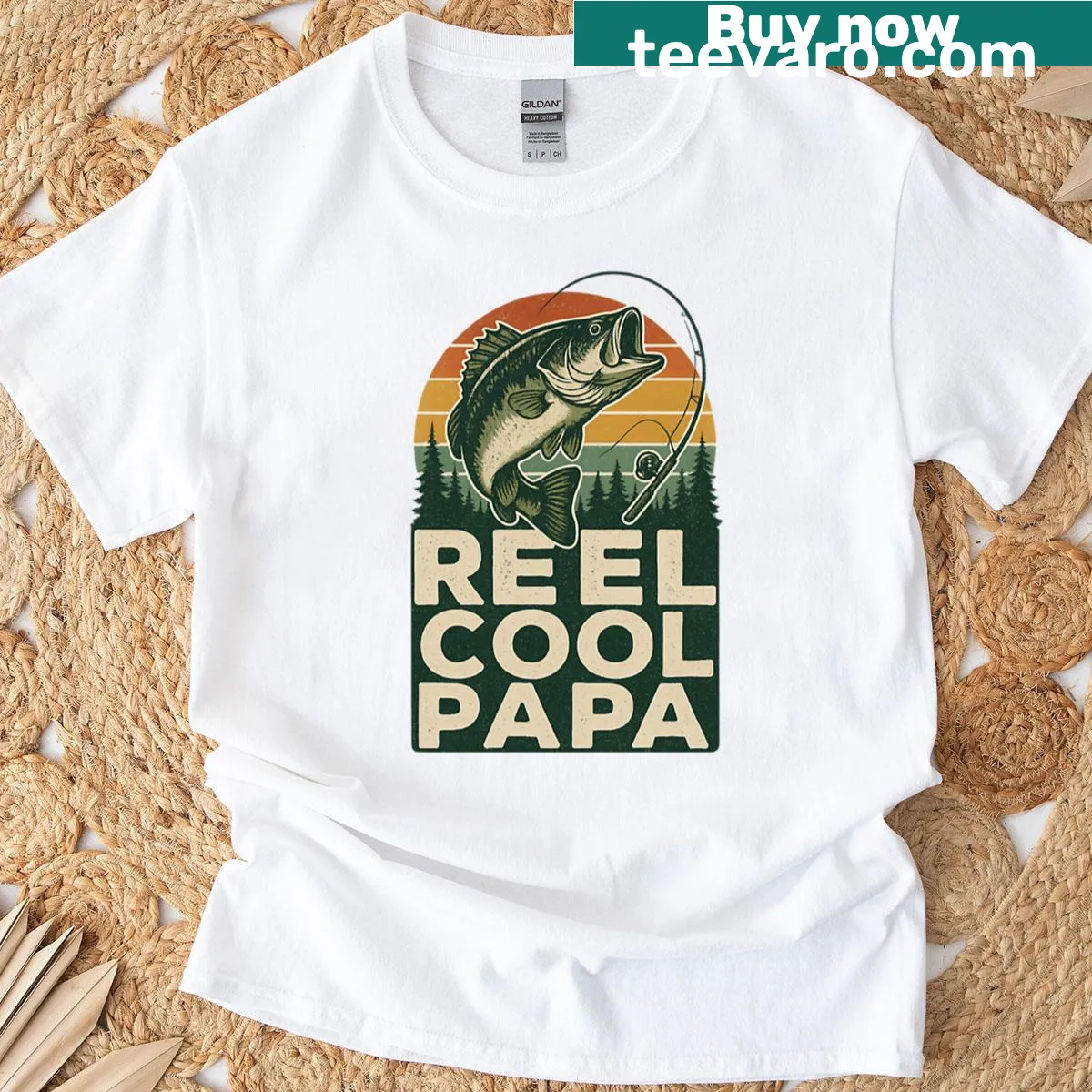 Retro T-shirt featuring a fishing scene and 'Reel Cool Papa' text — on a men's t-shirt
