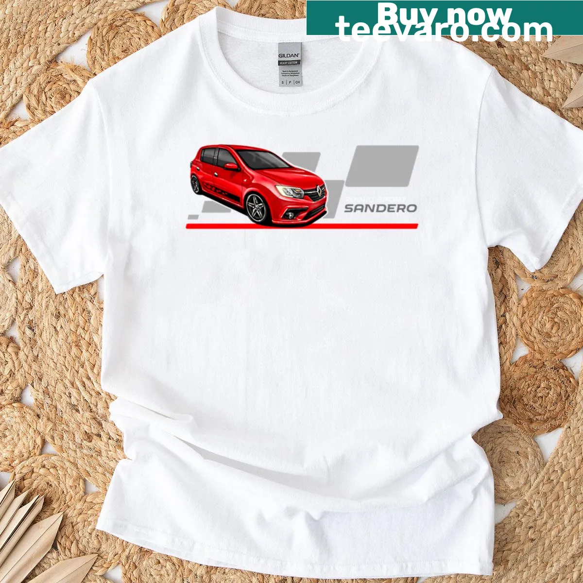 Red illustration of Renault Sandero Sport on a t-shirt — on a men's t-shirt