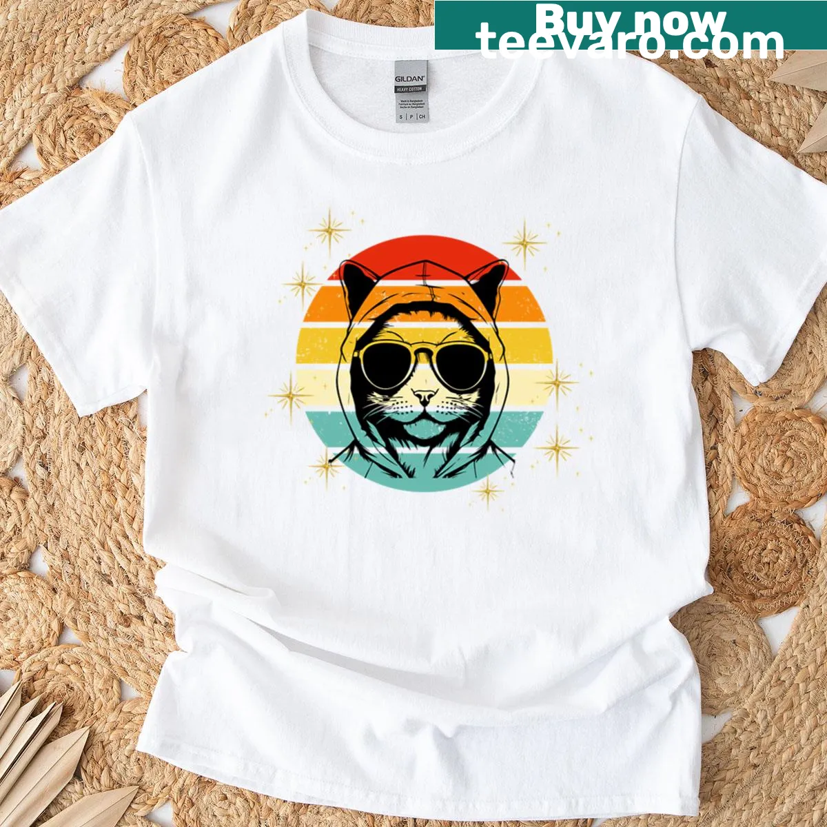 Vaporwave style cat illustration on a retro T-shirt — on a men's t-shirt